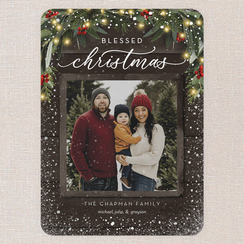 Rustic Garland Holiday Card, Brown, Silver Foil, 5x7 Flat, Religious, Pearl Shimmer Cardstock, Rounded, Clove