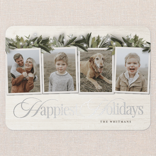 Golden Script Holiday Card, Beige, Silver Foil, 5x7 Flat, Holiday, Pearl Shimmer Cardstock, Rounded, Cream