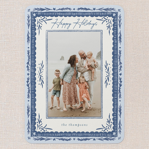 Woodland Blessings Holiday Card, Blue, 5x7 Flat, Holiday, Pearl Shimmer Cardstock, Rounded, Cobalt