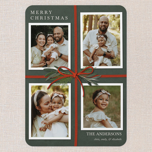 Festive Bowtie Holiday Card, Green, 5x7 Flat, Christmas, Pearl Shimmer Cardstock, Rounded, Forest