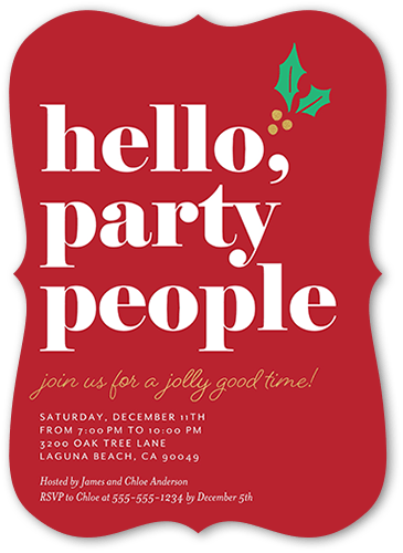 Party People Holiday Invitation, Red, 5x7, Pearl Shimmer Cardstock, Bracket