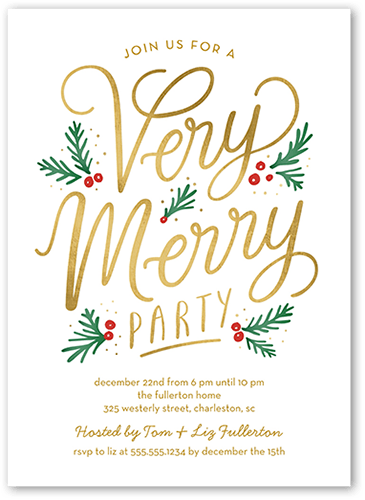 Golden Holly Party Holiday Invitation, White, 5x7 Flat, Luxe Double-Thick Cardstock, Square, White