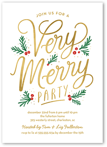 Golden Holly Party Holiday Invitation, White, 5x7 Flat, 100% Recycled Cardstock ?, Square