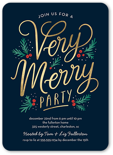 Golden Holly Party Holiday Invitation, Blue, 5x7 Flat, Matte, Signature Smooth Cardstock, Rounded, White