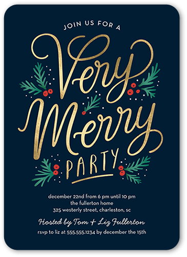Golden Holly Party Holiday Invitation, Blue, 5x7 Flat, Standard Smooth Cardstock, Rounded