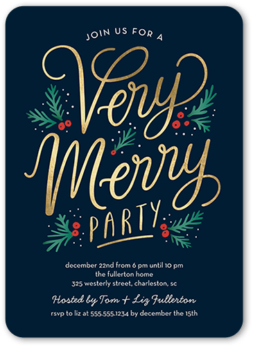 Golden Holly Party Holiday Invitation, Blue, 5x7 Flat, Matte, Signature Smooth Cardstock, Rounded