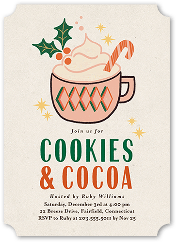 Cookies And Cocoa Holiday Invitation, White, 5x7 Flat, Pearl Shimmer Cardstock, Ticket, White