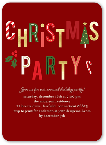 Best Holly Icons Holiday Invitation, Red, 5x7 Flat, Christmas, Pearl Shimmer Cardstock, Rounded, Red