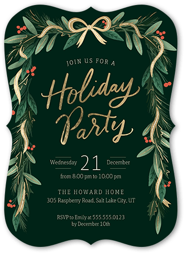 Foliage Streamers Holiday Invitation, Green, 5x7 Flat, Holiday, Pearl Shimmer Cardstock, Bracket