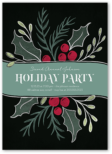Large Holly Party Holiday Invitation, Black, 5x7 Flat, Holiday, 100% Recycled Cardstock , Square, Black
