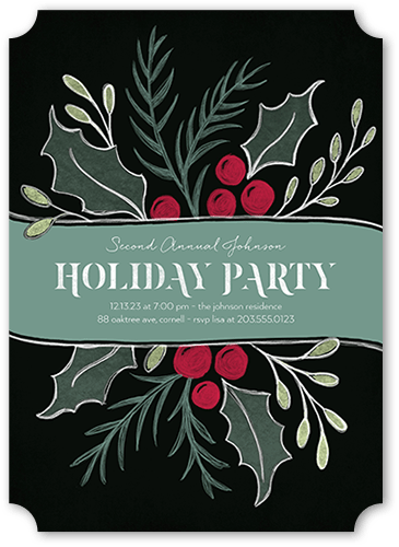 Large Holly Party Holiday Invitation, Black, 5x7 Flat, Holiday, Matte, Signature Smooth Cardstock, Ticket, White