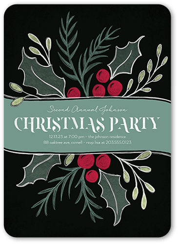 Large Holly Party Holiday Invitation, Rounded Corners