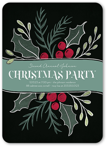 Large Holly Party Holiday Invitation, Black, 5x7 Flat, Christmas, Pearl Shimmer Cardstock, Rounded, Black