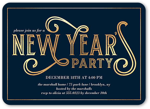 Deco Party Holiday Invitation, Yellow, 5x7 Flat, New Year, Standard Smooth Cardstock, Rounded, Golden