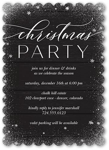 Snowy Winter Holiday Invitation, Black, 5x7 Flat, Christmas, Pearl Shimmer Cardstock, Scallop