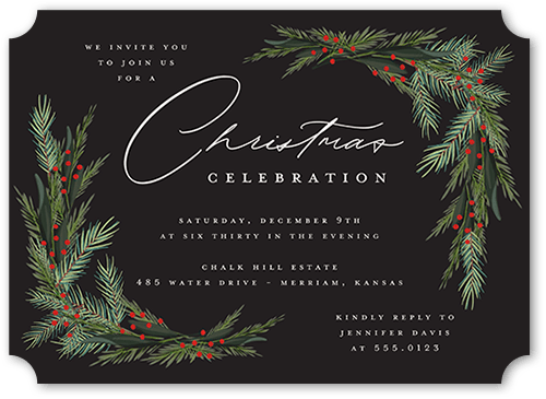 Wintergreen Frame Holiday Invitation, Black, 5x7 Flat, Christmas, Pearl Shimmer Cardstock, Ticket