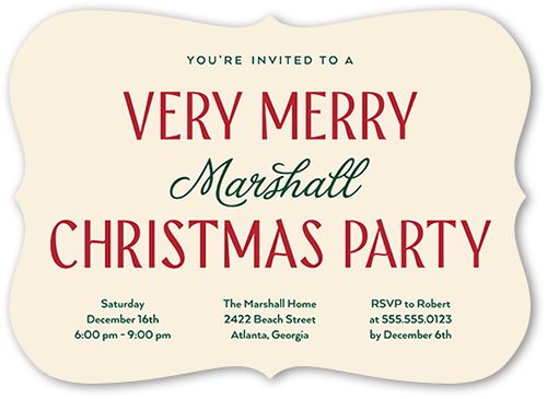 Very Merry Time Holiday Invitation, Beige, 5x7 Flat, Christmas, Pearl Shimmer Cardstock, Bracket
