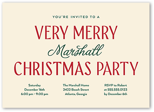 Very Merry Time Holiday Invitation, Beige, 5x7 Flat, Christmas, Luxe Double-Thick Cardstock, Square, Antique White
