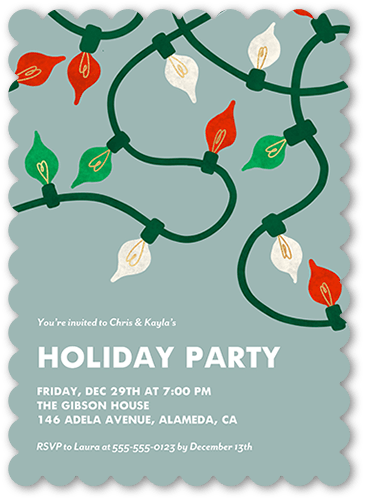 Fun String Lights Holiday Invitation, Green, 5x7 Flat, Holiday, Pearl Shimmer Cardstock, Scallop