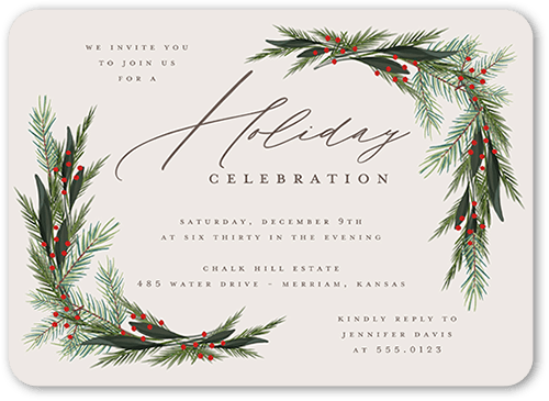 Wintergreen Frame Holiday Invitation, Beige, 5x7 Flat, Holiday, 100% Recycled Cardstock , Rounded