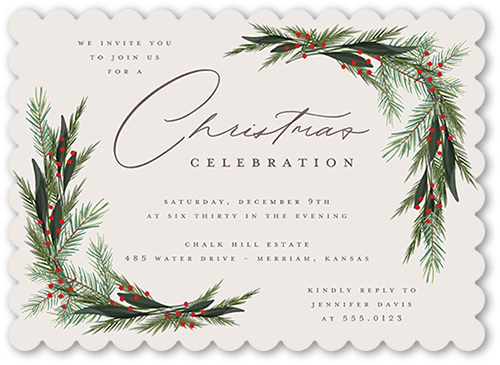 Wintergreen Frame Holiday Invitation, Beige, 5x7 Flat, Christmas, Pearl Shimmer Cardstock, Scallop