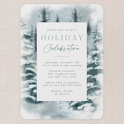 Frosty Forest Holiday Invitation, Green, 5x7 Flat, Write Your Own, Pearl Shimmer Cardstock, Rounded