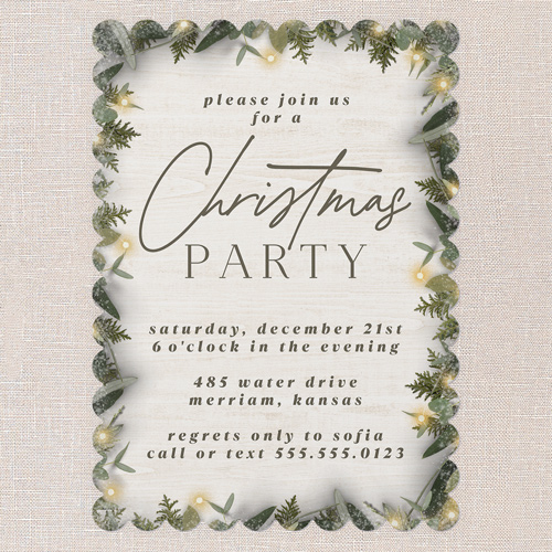 Holly Lights Holiday Invitation, White, 5x7 Flat, Christmas, Pearl Shimmer Cardstock, Scallop