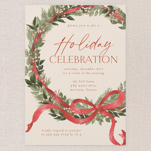 Timeless Wreath Holiday Invitation, Beige, 5x7 Flat, Write Your Own, Pearl Shimmer Cardstock, Square, Cream