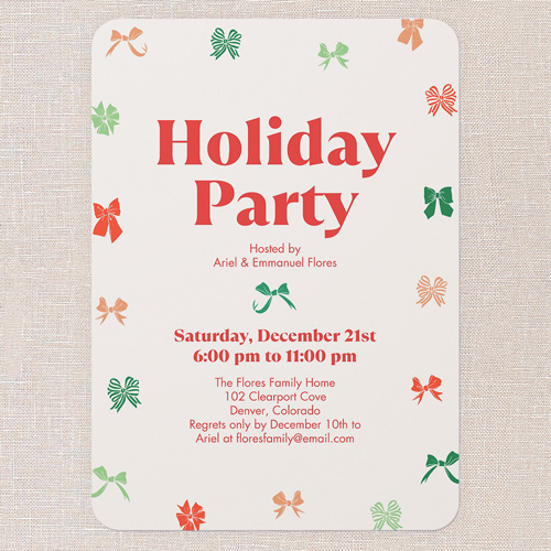 Bows Of Joy Holiday Invitation, Red, 5x7 Flat, Write Your Own Greeting, 100% Recycled Cardstock , Rounded