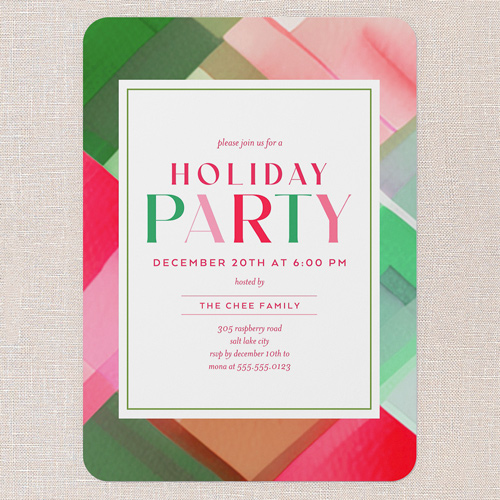Prismatic Plaid Holiday Invitation, Pink, 5x7 Flat, Holiday, Pearl Shimmer Cardstock, Rounded, Ballet