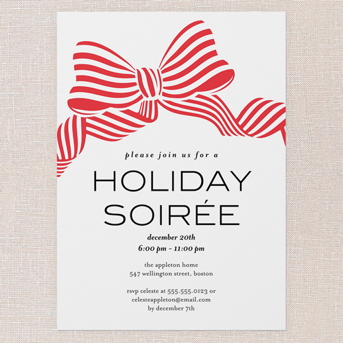 Striped Bow Invite Holiday Invitation, White, 5x7 Flat, Holiday, Pearl Shimmer Cardstock, Square, Almond