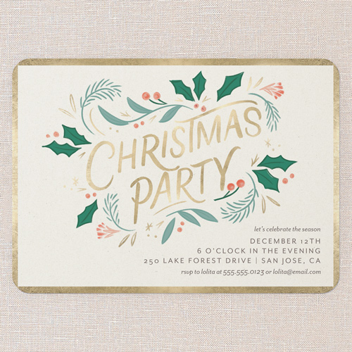 Holly Gathering Holiday Invitation, Beige, 5x7 Flat, Christmas, Standard Smooth Cardstock, Rounded, Beige