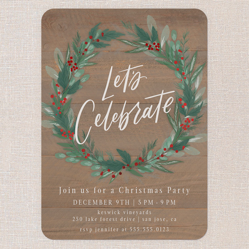Cheerful Wreath Holiday Invitation, none, Brown, 5x7 Flat, Christmas, Pearl Shimmer Cardstock, Rounded, Clove