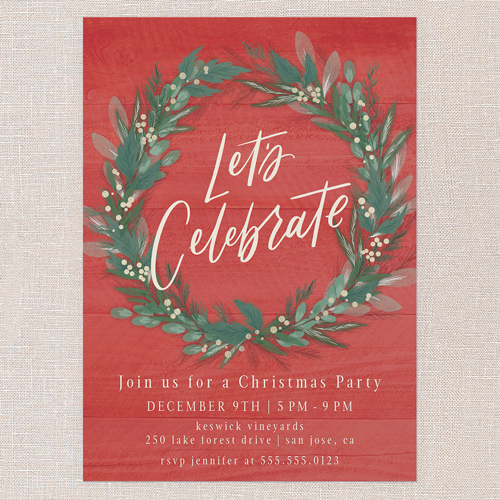 Cheerful Wreath Holiday Invitation, none, Red, 5x7 Flat, Christmas, Standard Smooth Cardstock, Square, Red