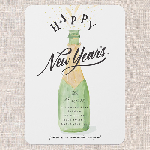 Champagne Splash Holiday Invitation, White, none, 5x7 Flat, New Year, 100% Recycled Cardstock , Rounded, White