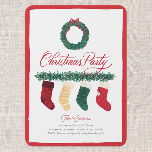 Stockings Party Holiday Invitation, White, 5x7 Flat, Christmas, Matte, Signature Smooth Cardstock, Rounded, White