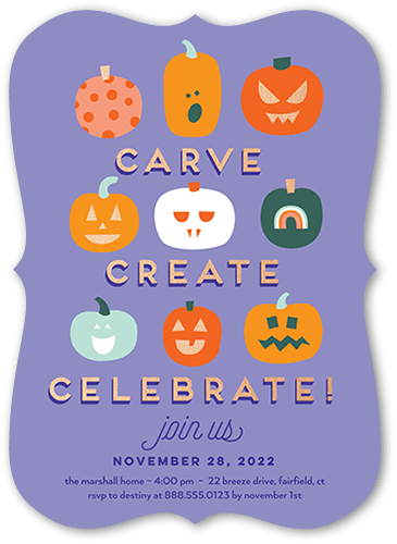 Creative Carvings Halloween Invitation, Purple, 5x7 Flat, Matte, Signature Smooth Cardstock, Bracket