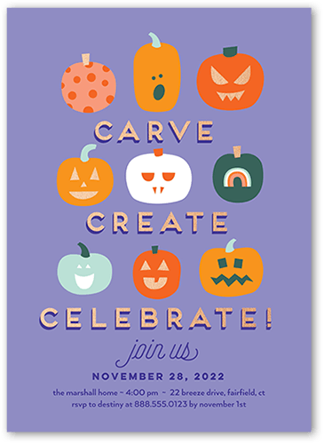 Creative Carvings Halloween Invitation, Purple, 5x7, Luxe Double-Thick Cardstock, Square