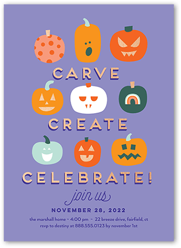 Creative Carvings Halloween Invitation, Purple, 5x7 Flat, Luxe Double-Thick Cardstock, Square