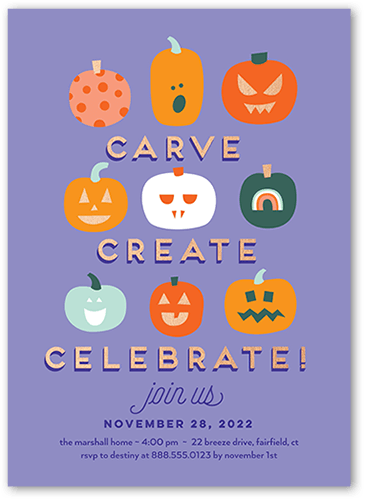 Creative Carvings Halloween Invitation, Purple, 5x7 Flat, Pearl Shimmer Cardstock, Square