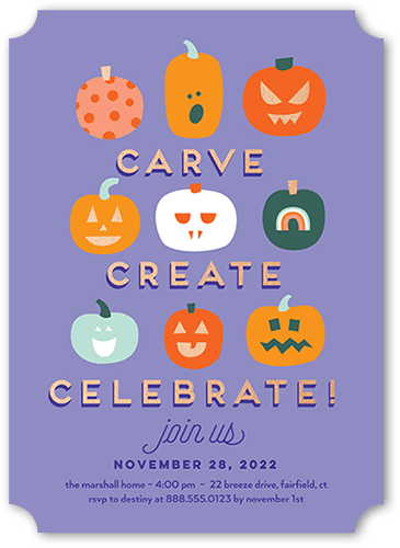 Creative Carvings Halloween Invitation, Purple, 5x7 Flat, Pearl Shimmer Cardstock, Ticket