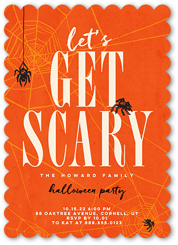 Lets Get Scary Halloween Invitation, Orange, 5x7 Flat, Pearl Shimmer Cardstock, Scallop