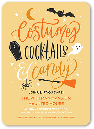 Costumes and Cocktails Halloween Invitation, Yellow, 5x7, Standard Smooth Cardstock, Rounded