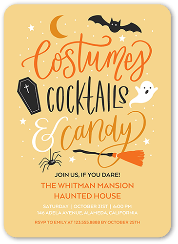 Costumes and Cocktails Halloween Invitation, Yellow, 5x7 Flat, Matte, Signature Smooth Cardstock, Rounded, Mustard