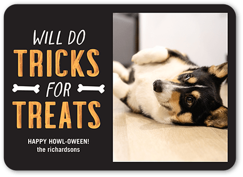 Tricks for Treats Halloween Card, Grey, 5x7 Flat, Pearl Shimmer Cardstock, Rounded