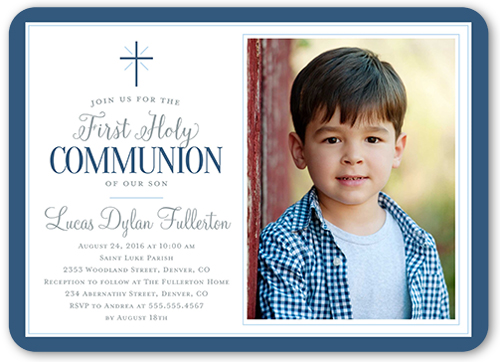 Faithfully Framed Boy Communion Invitation, Blue, Matte, Signature Smooth Cardstock, Rounded