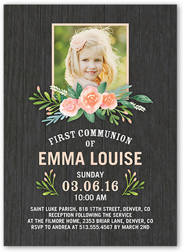 Blissful Bouquet Communion Invitation, Grey, Pearl Shimmer Cardstock, Square
