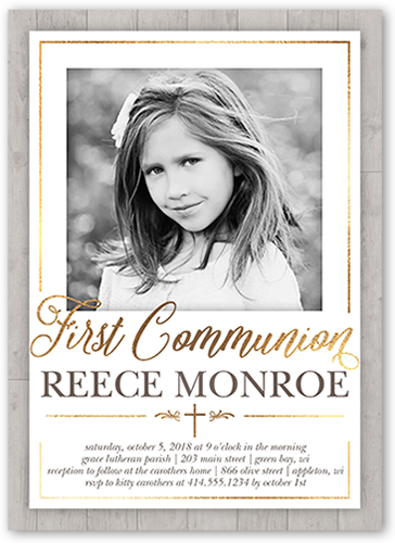 Wooden Christening Communion Invitation, White, Luxe Double-Thick Cardstock, Square