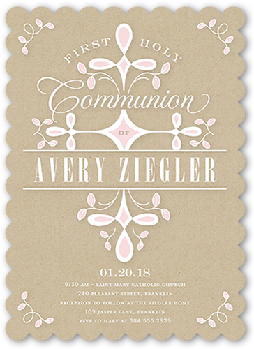 Swirled Ritual Girl Communion Invitation, Beige, Pearl Shimmer Cardstock, Scallop