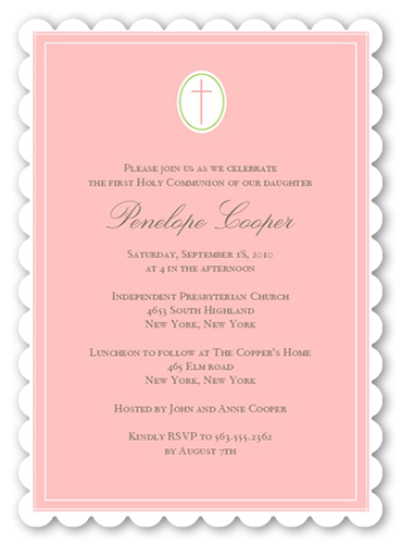Communion Cross Pink Communion Invitation, Pink, Pearl Shimmer Cardstock, Scallop